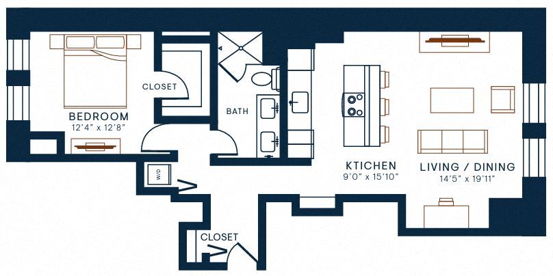 Floor plan for 1 bed, 1 bath, 1001 sqft